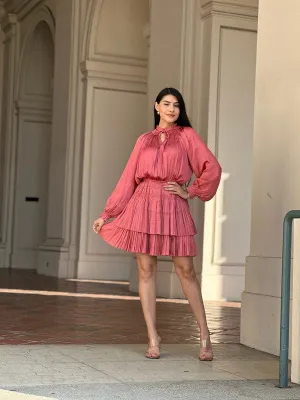 Misty Mauve Long Sleeve Elastic Waist Flowy Dress