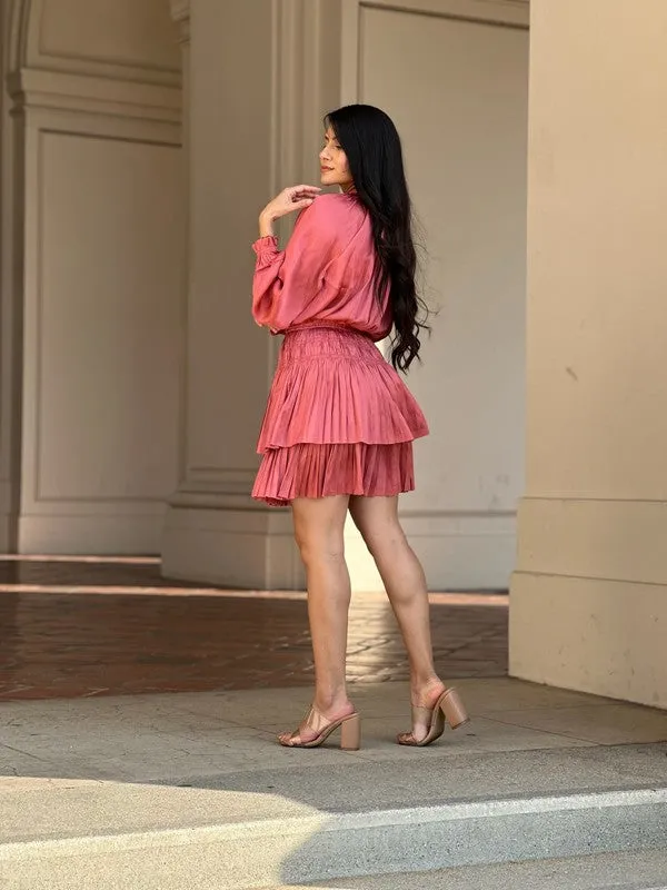 Misty Mauve Long Sleeve Elastic Waist Flowy Dress