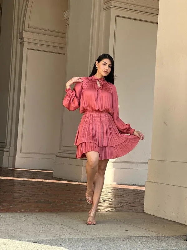 Misty Mauve Long Sleeve Elastic Waist Flowy Dress