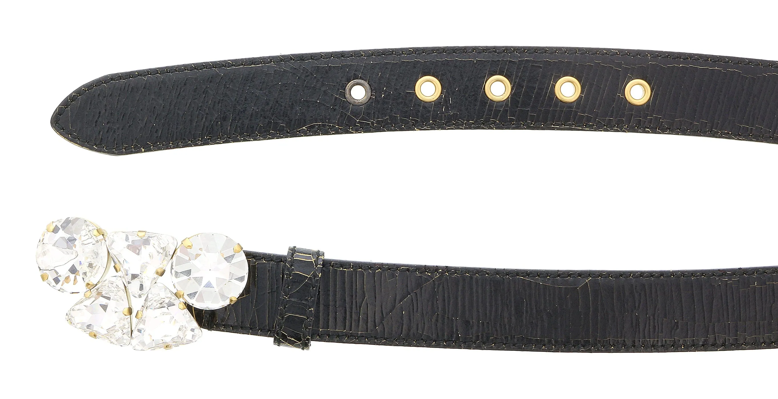 Miu Miu Black Crystal Gold Crackled Leather Finish Crystal Buckle  Belt-