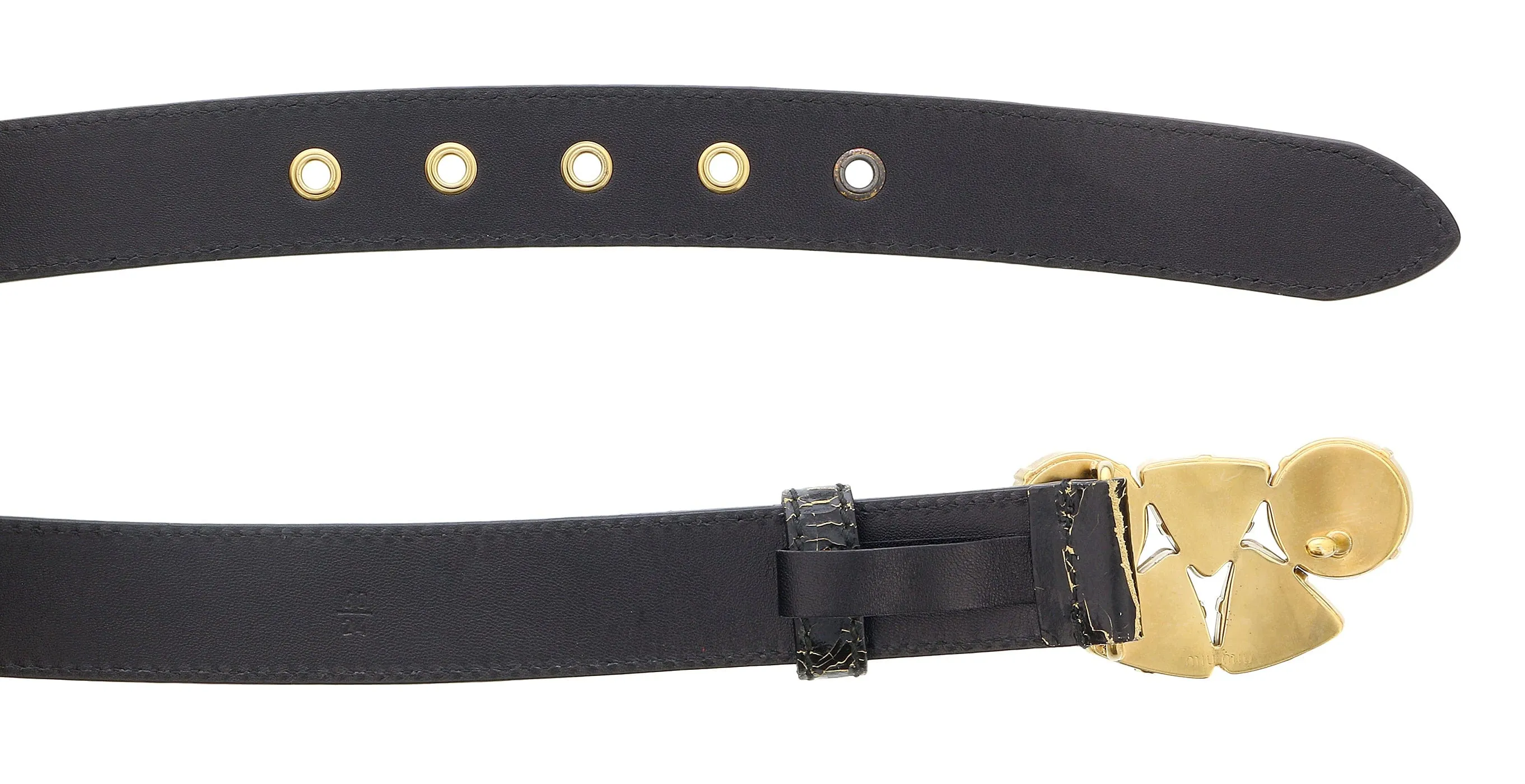 Miu Miu Black Crystal Gold Crackled Leather Finish Crystal Buckle  Belt-