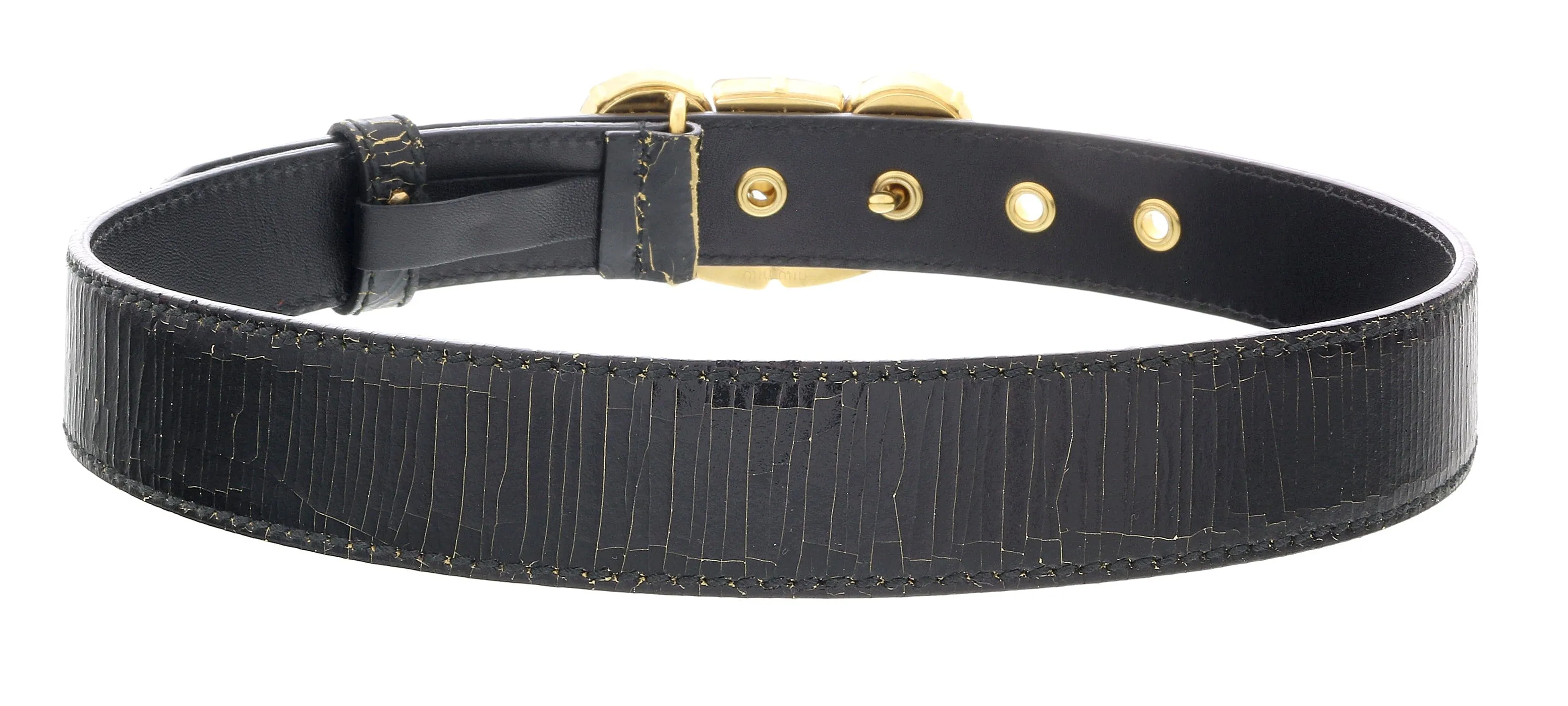 Miu Miu Black Crystal Gold Crackled Leather Finish Crystal Buckle  Belt-
