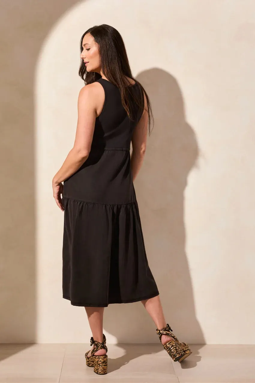 Mixed Media Tiered Dress in Black