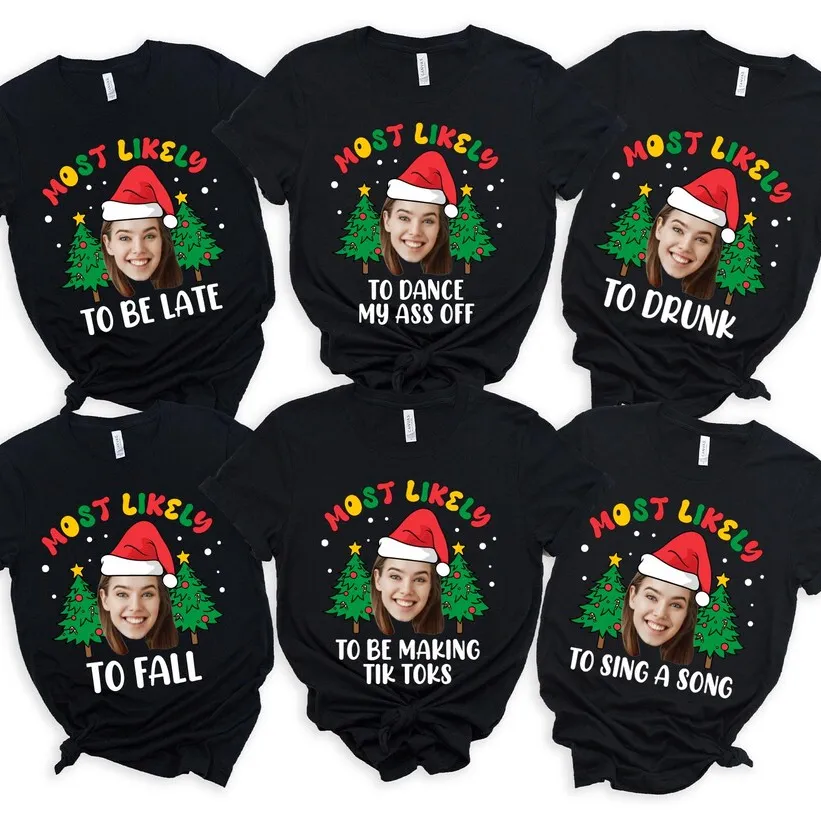 Most Likely To Shirt Personalized Face&Text Christmas Tree T-Shirts Funny Christmas Party Group Shirt