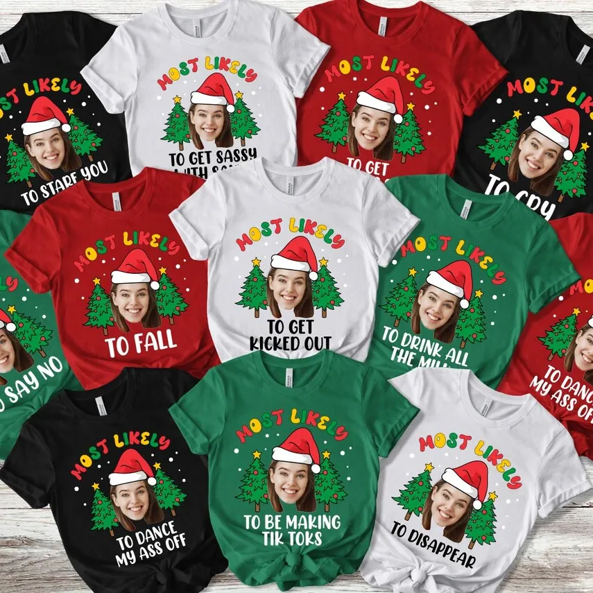 Most Likely To Shirt Personalized Face&Text Christmas Tree T-Shirts Funny Christmas Party Group Shirt