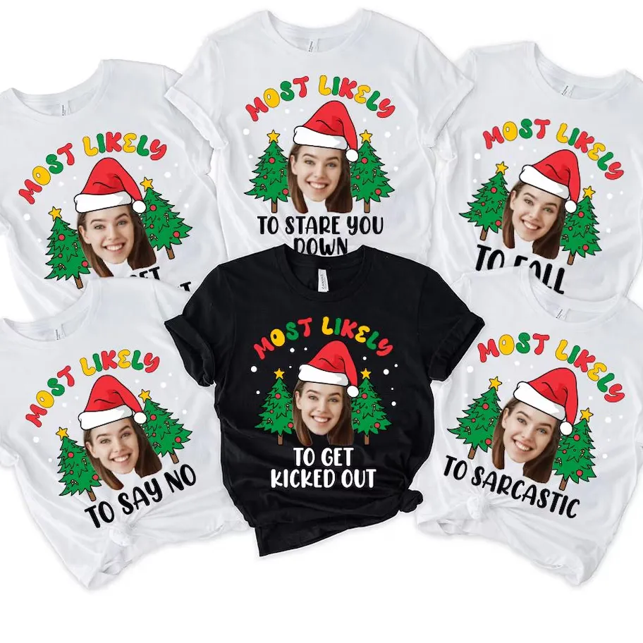 Most Likely To Shirt Personalized Face&Text Christmas Tree T-Shirts Funny Christmas Party Group Shirt