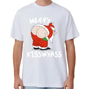 NNEDSZ 100% Cotton Christmas T-shirt Adult Unisex Tee Tops Funny Santa Party Custume, Merry Kissmyass (White), XL