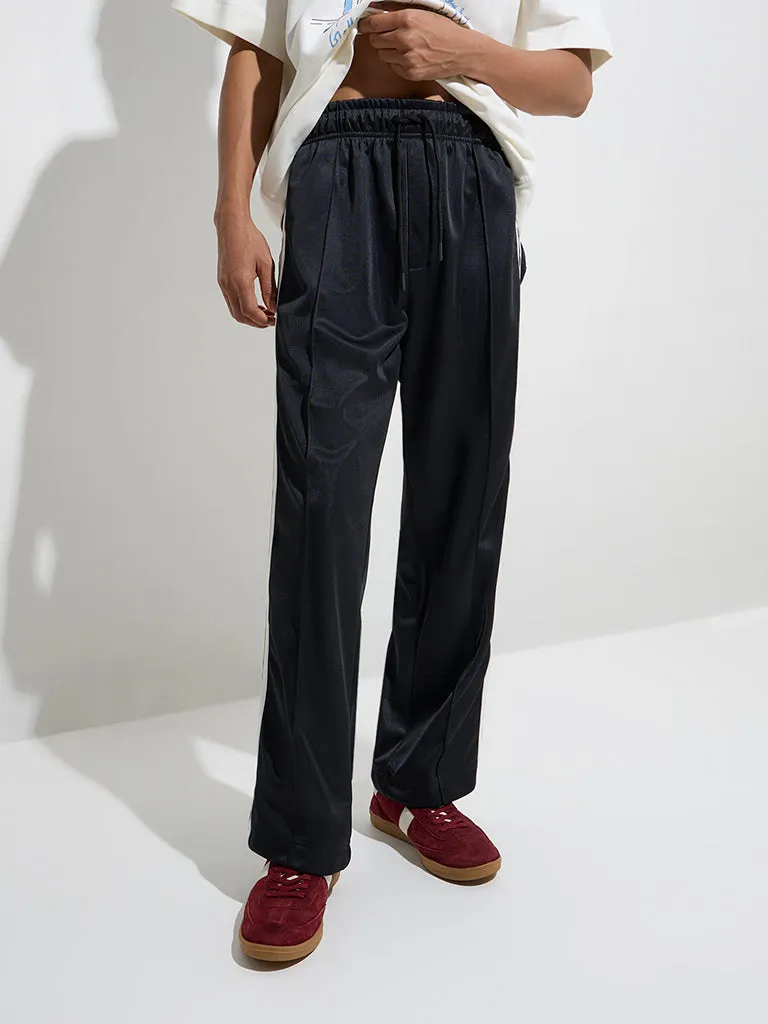 Nuon Black Striped Relaxed-Fit Mid-Rise Track Pants