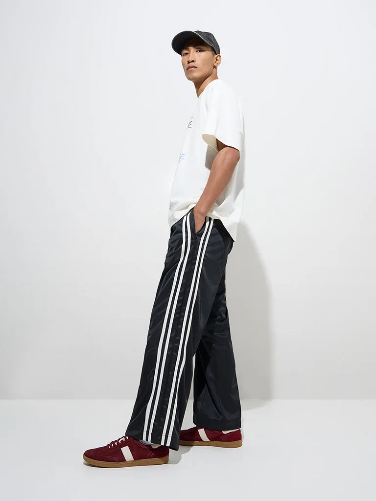 Nuon Black Striped Relaxed-Fit Mid-Rise Track Pants