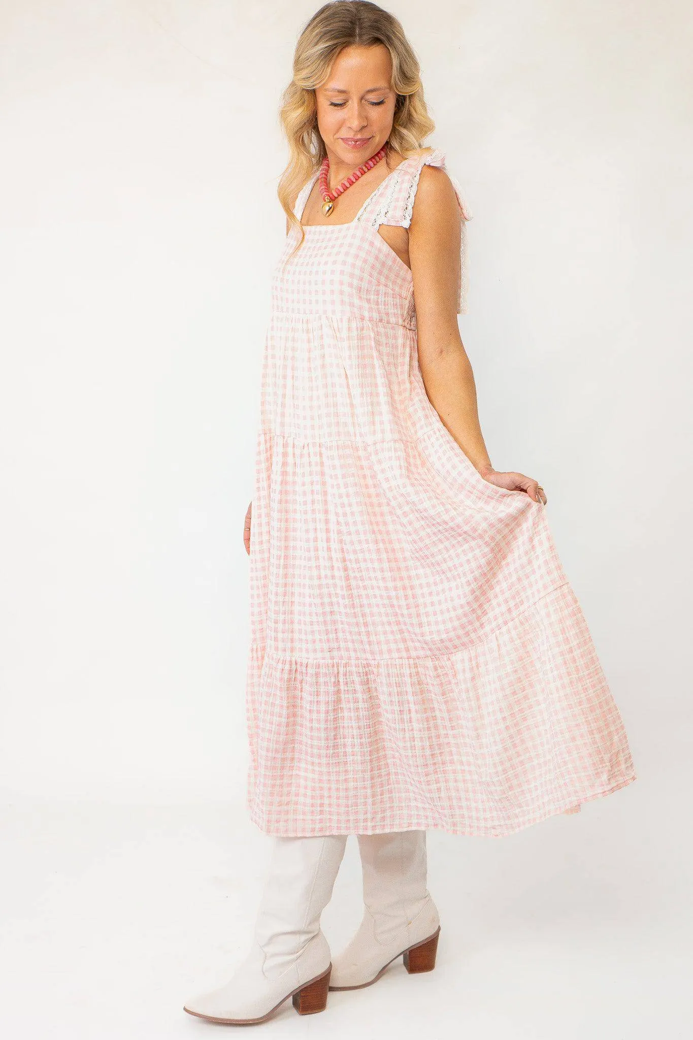 Pink Gingham Maxi Dress with Lace Trim