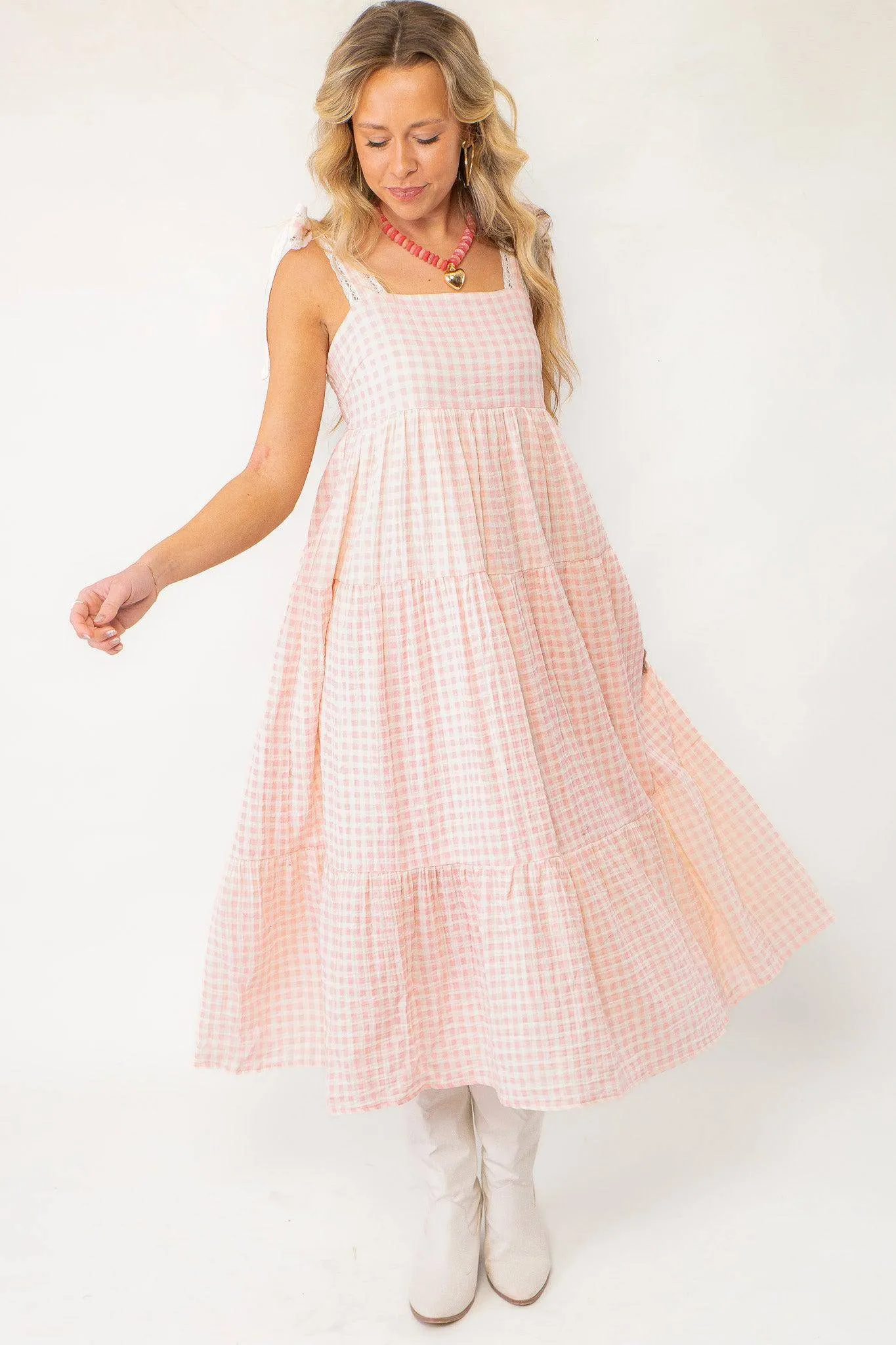 Pink Gingham Maxi Dress with Lace Trim