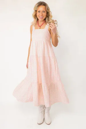 Pink Gingham Maxi Dress with Lace Trim