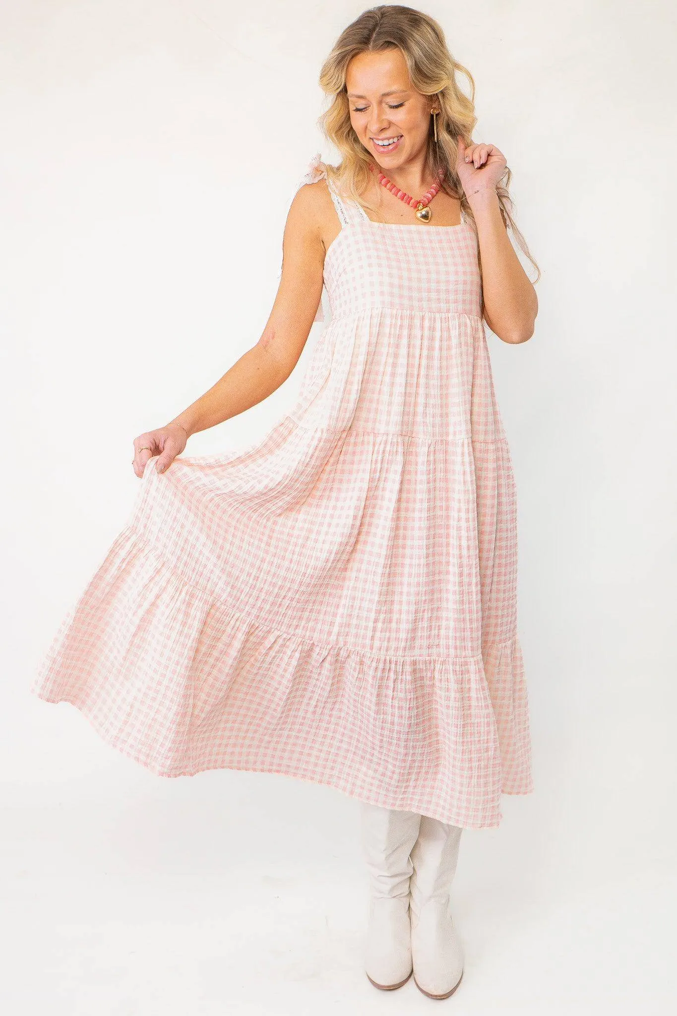 Pink Gingham Maxi Dress with Lace Trim