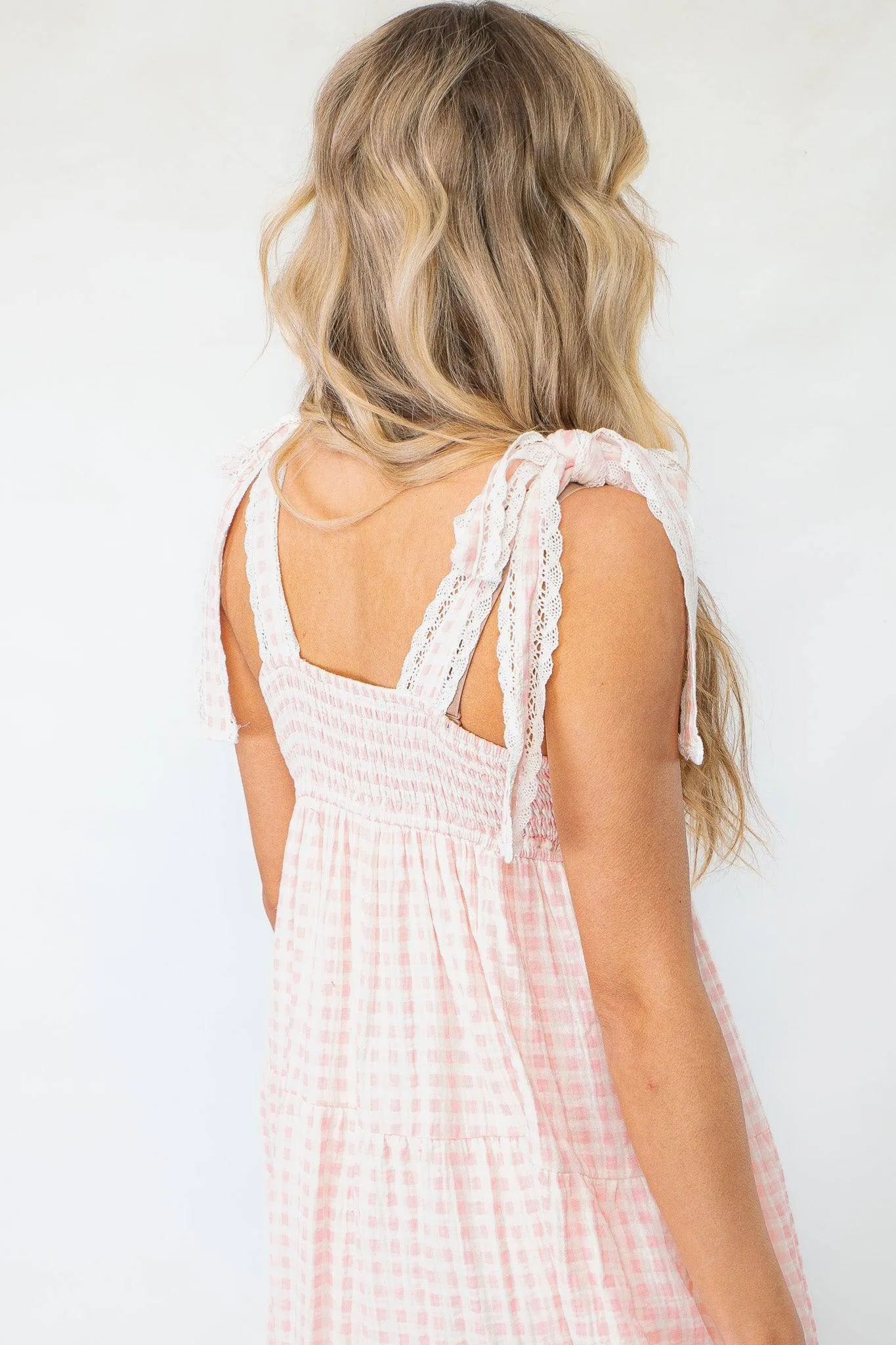 Pink Gingham Maxi Dress with Lace Trim