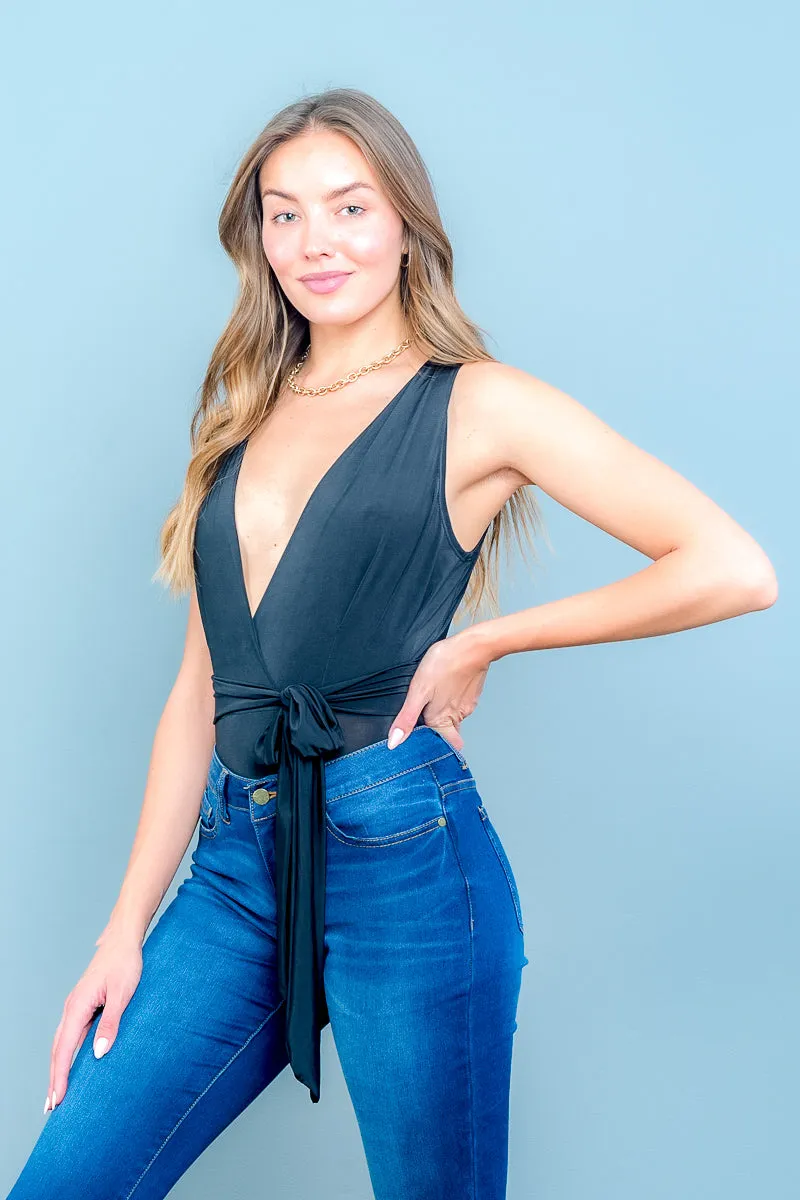 Plunge V Neck Racerback Bodysuit with Chic Waist Tie (6893)