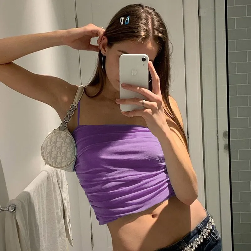 Purple Solid Ruched Crop Top Camisole Cute Outfits Sleeveless Sexy Bralette Crop Top