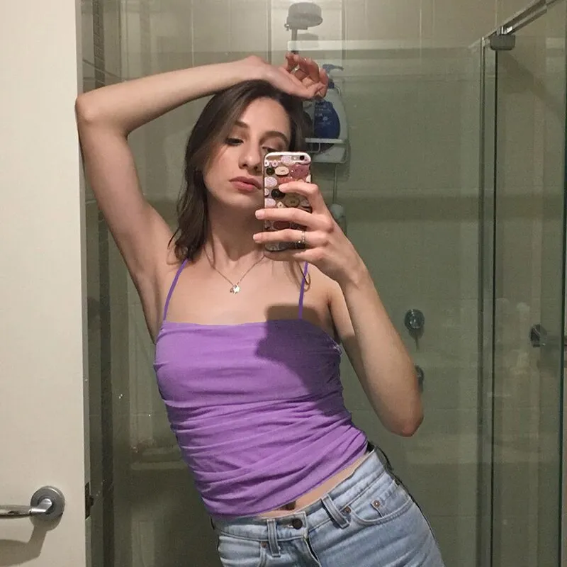 Purple Solid Ruched Crop Top Camisole Cute Outfits Sleeveless Sexy Bralette Crop Top