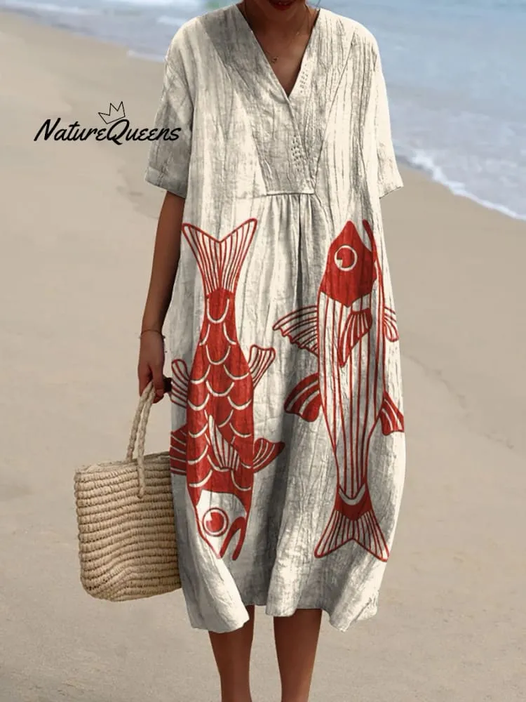 Red Fish Vintage Art Flowy Dress