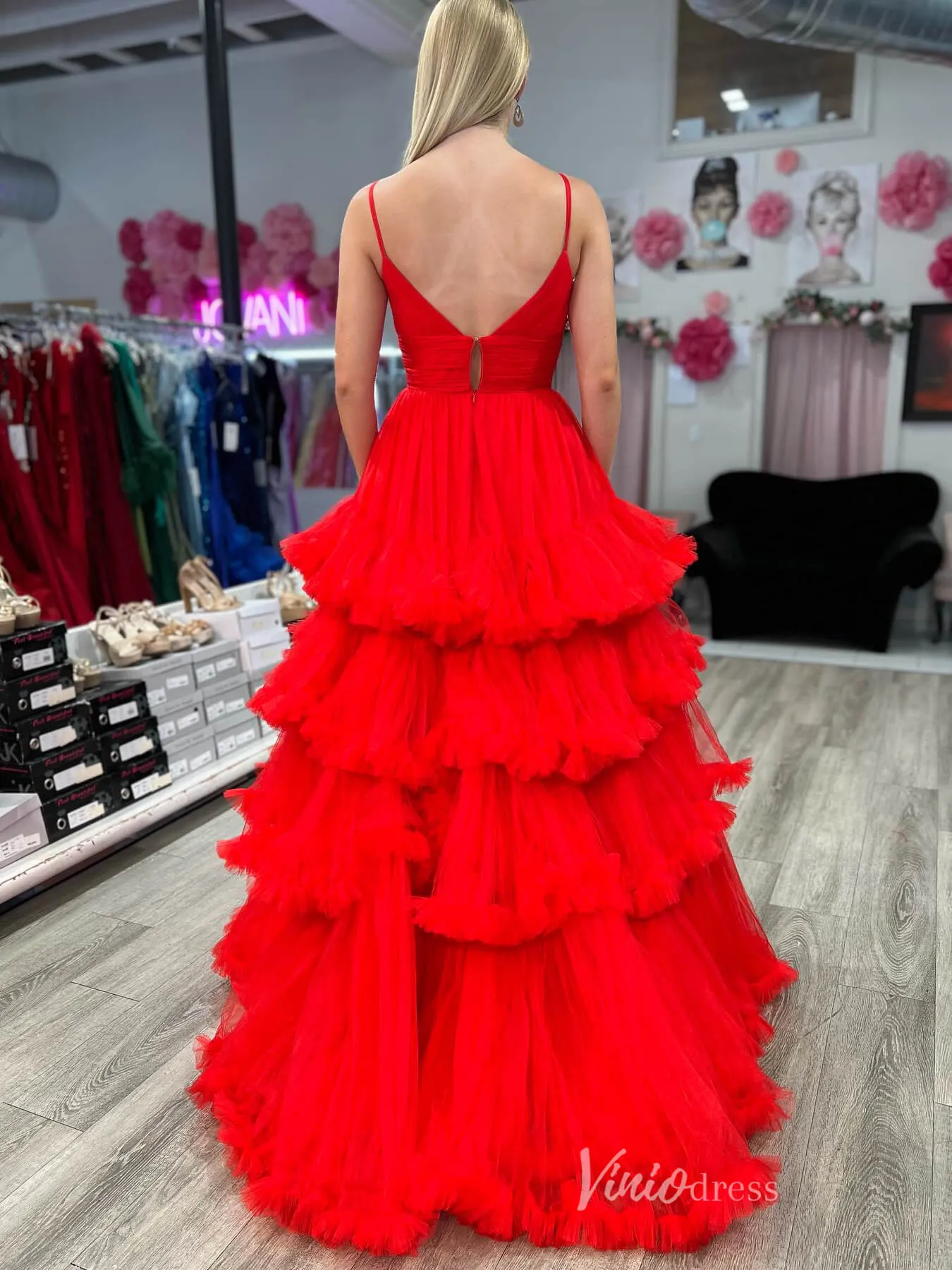 Red Ruffle Prom Dresses Pleated Bodice Spaghetti Strap Formal Gown FD4035
