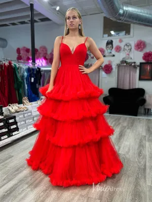 Red Ruffle Prom Dresses Pleated Bodice Spaghetti Strap Formal Gown FD4035