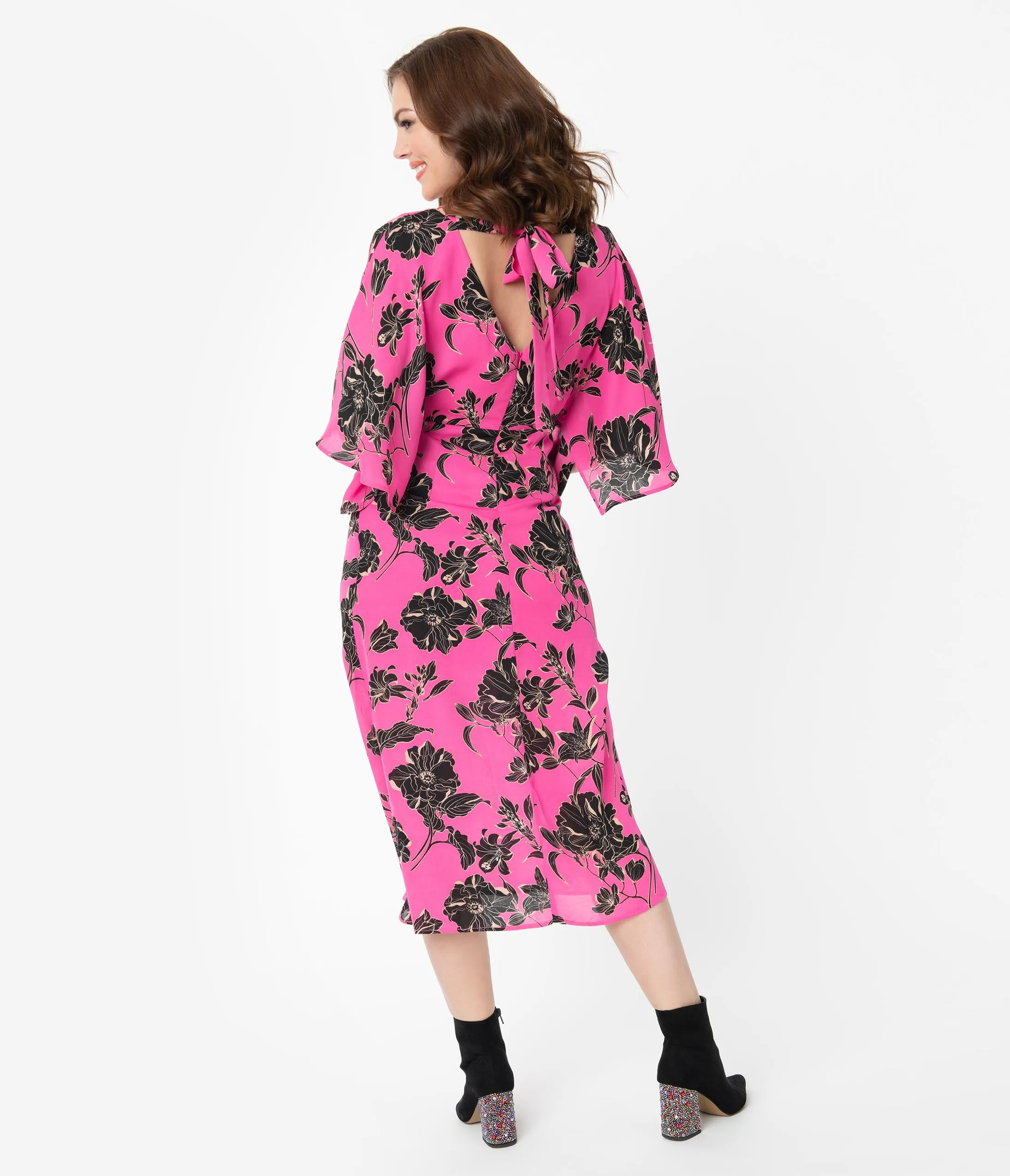 Retro Style Fuchsia and Black Floral Back Cutout Midi Dress