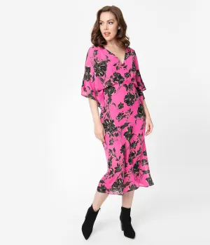 Retro Style Fuchsia and Black Floral Back Cutout Midi Dress