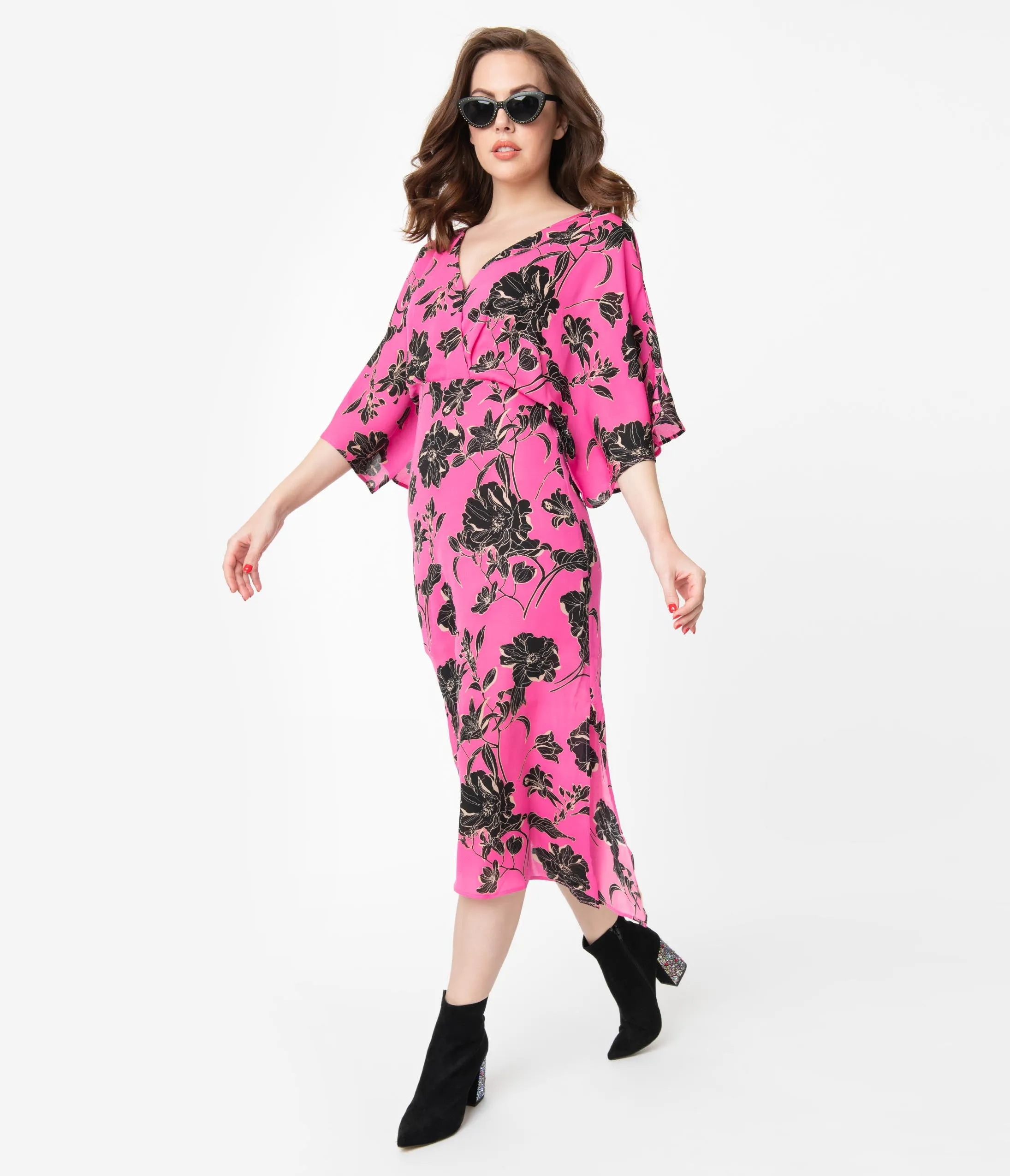 Retro Style Fuchsia and Black Floral Back Cutout Midi Dress