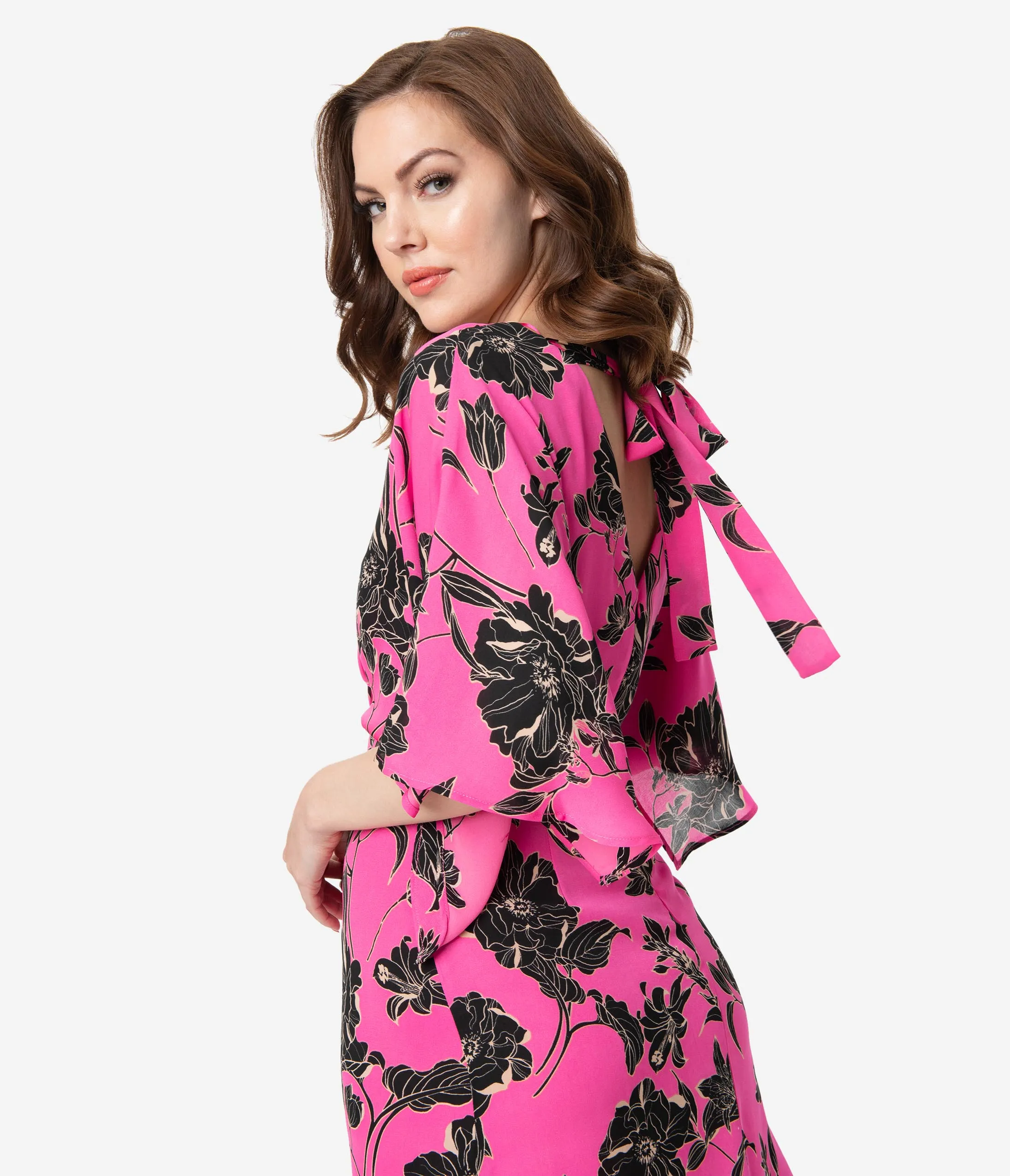 Retro Style Fuchsia and Black Floral Back Cutout Midi Dress