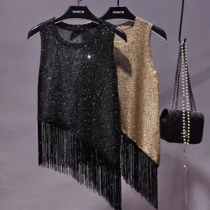 Sequined Fringed Knitted Tank Top