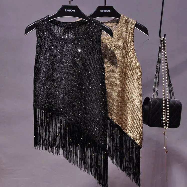 Sequined Fringed Knitted Tank Top