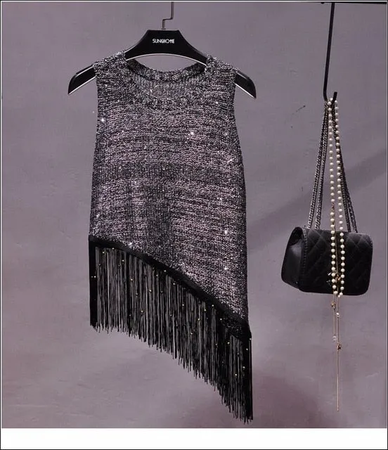 Sequined Fringed Knitted Tank Top