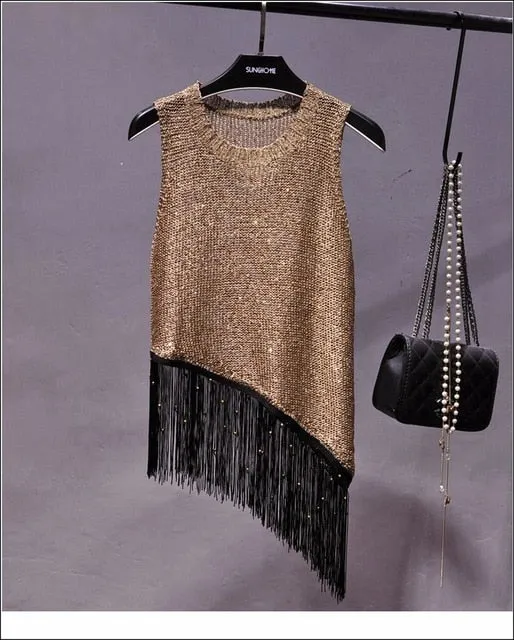 Sequined Fringed Knitted Tank Top