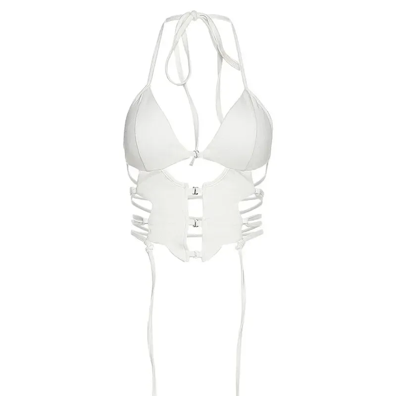 Sexy Cut Out Crop Tops Women Lace Up Backless Halter Tops Summer 2023 Trendy Streetwear Tanks and Camis P94-BG10