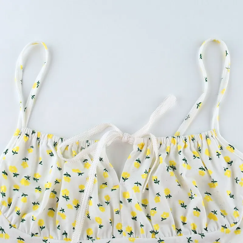 Small Flower Print Cute Tank Top Casual Bow Tie Sleeveless Short Tops