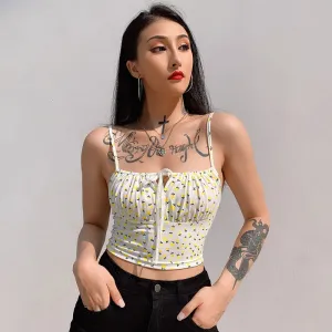 Small Flower Print Cute Tank Top Casual Bow Tie Sleeveless Short Tops