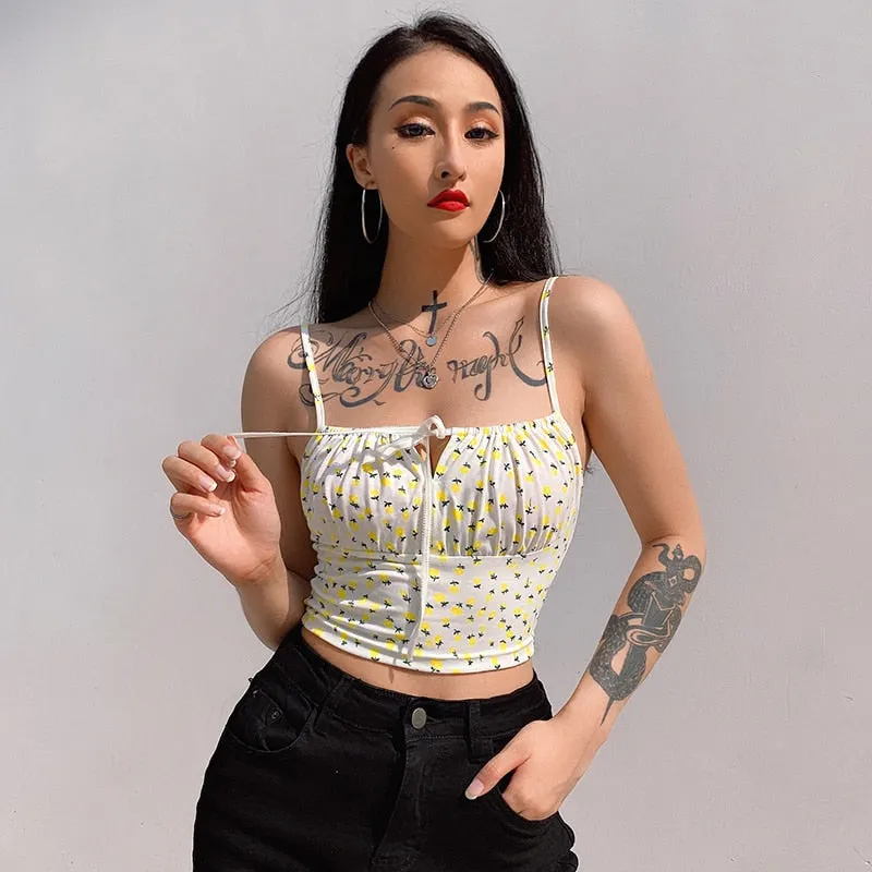 Small Flower Print Cute Tank Top Casual Bow Tie Sleeveless Short Tops