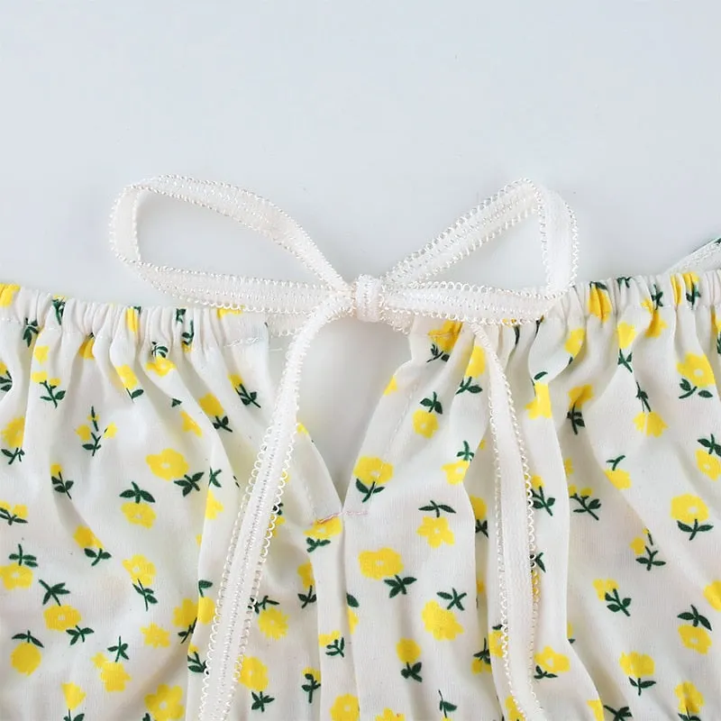 Small Flower Print Cute Tank Top Casual Bow Tie Sleeveless Short Tops