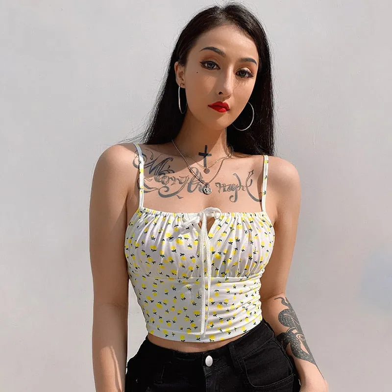 Small Flower Print Cute Tank Top Casual Bow Tie Sleeveless Short Tops