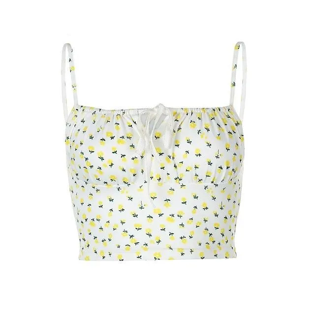 Small Flower Print Cute Tank Top Casual Bow Tie Sleeveless Short Tops