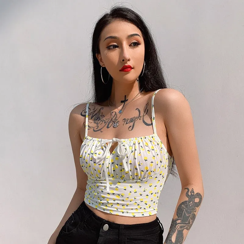 Small Flower Print Cute Tank Top Casual Bow Tie Sleeveless Short Tops