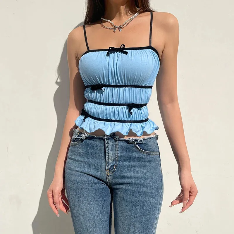 Sweet Stripe Bow Ruffles Crop Top