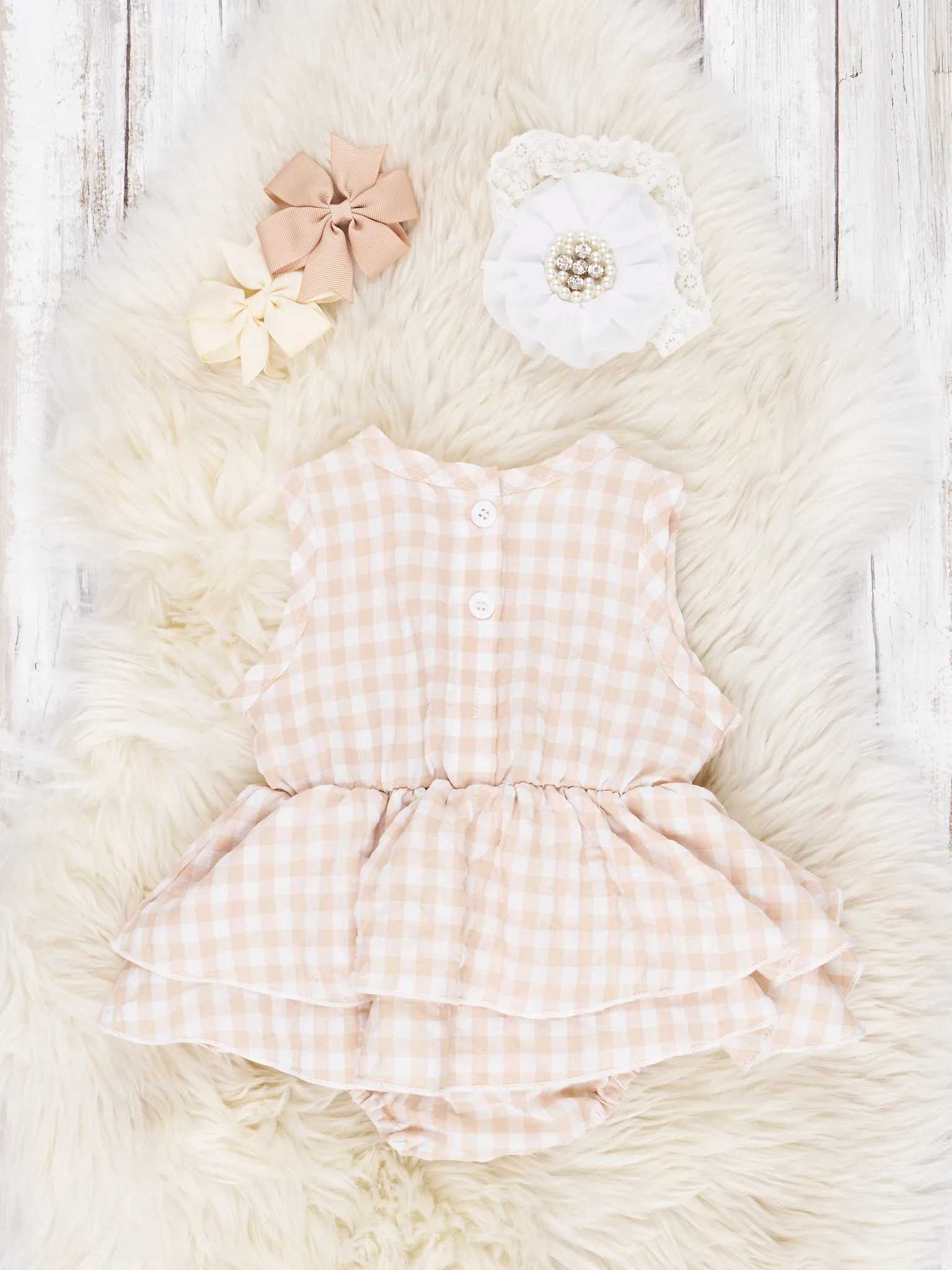 Tan Gingham Dressy Ruffle Romper