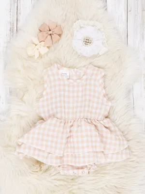 Tan Gingham Dressy Ruffle Romper