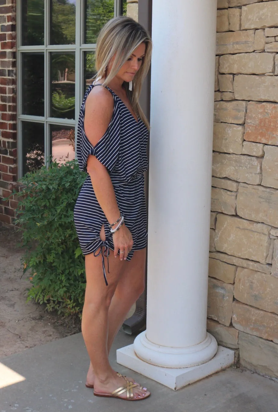 UNITED Stripe ColdShoulder Rouched TieHem/Waist Short Romper