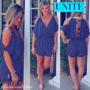 UNITED Stripe ColdShoulder Rouched TieHem/Waist Short Romper