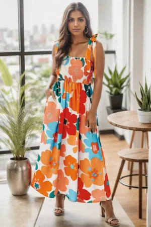 Vibrant Blooms Tie Shoulder Floral Maxi Dress