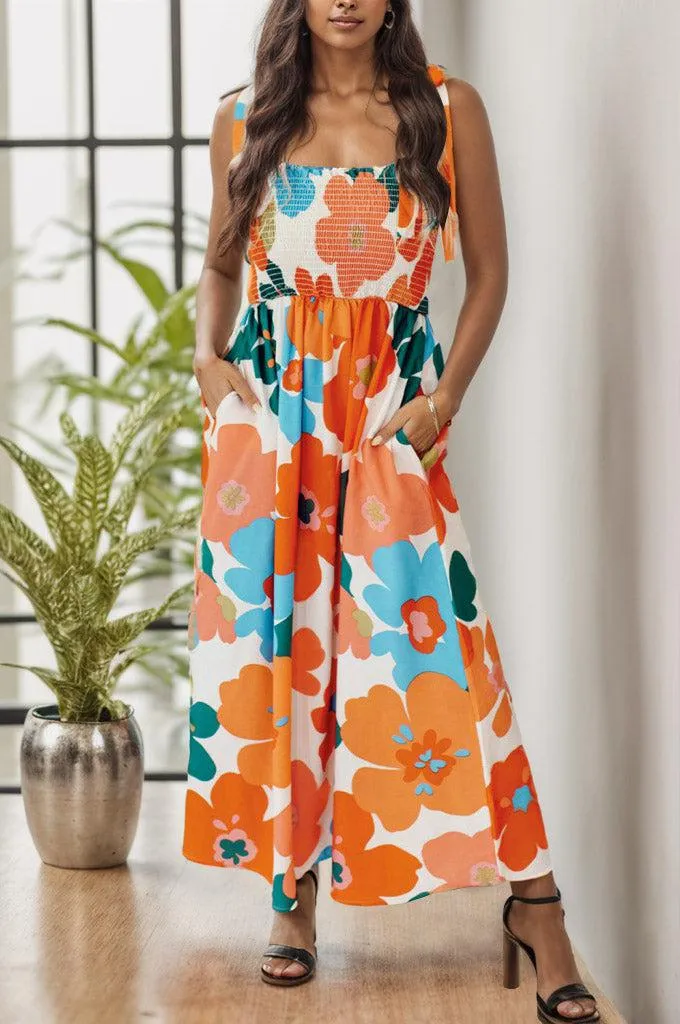 Vibrant Blooms Tie Shoulder Floral Maxi Dress