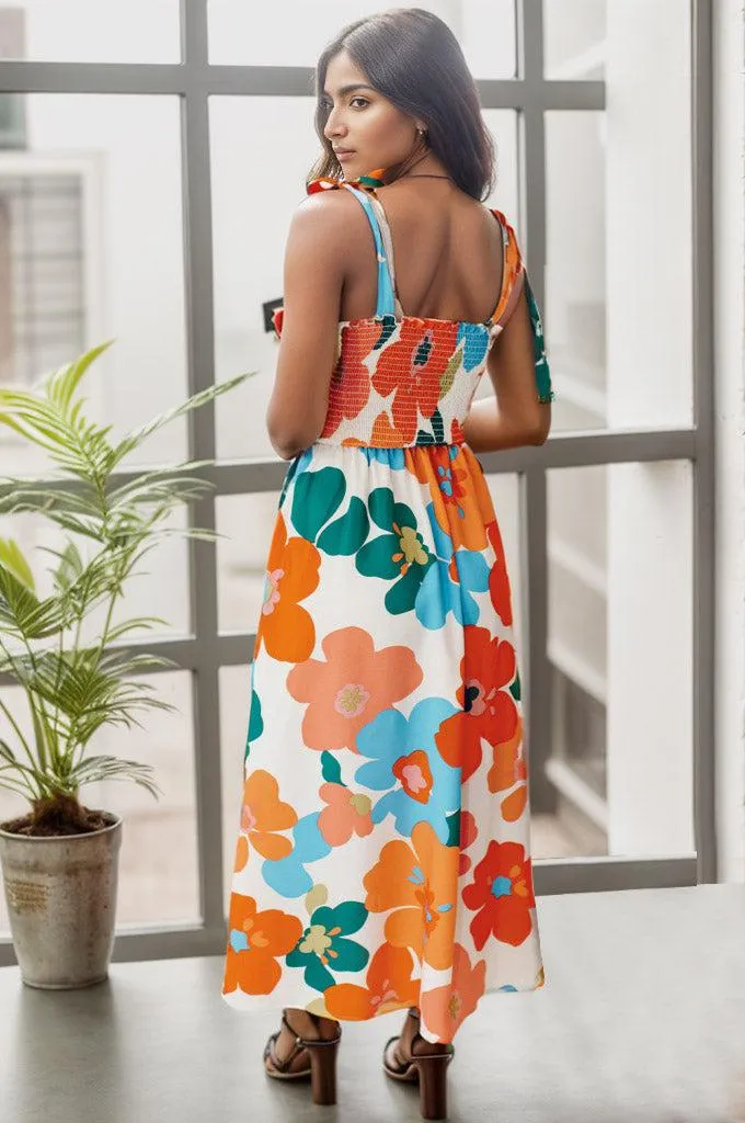 Vibrant Blooms Tie Shoulder Floral Maxi Dress