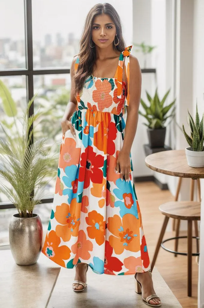 Vibrant Blooms Tie Shoulder Floral Maxi Dress
