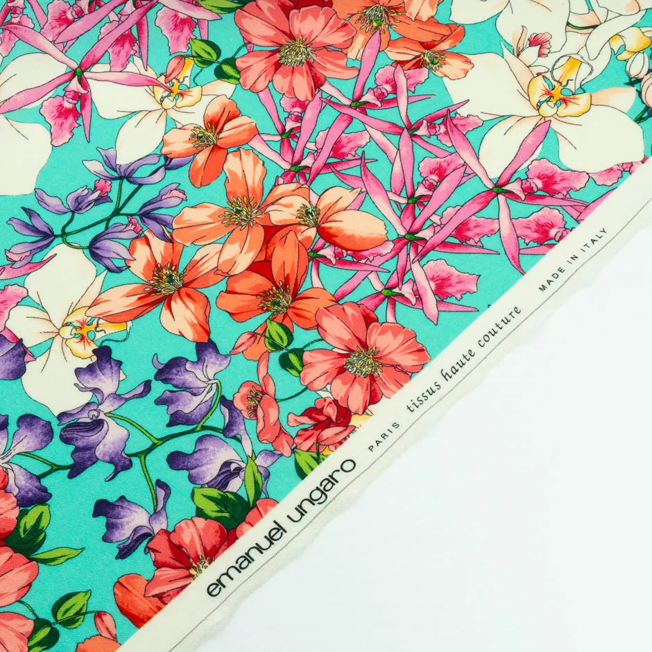 Vibrant Multi-Coloured Floral Printed Turquoise Wool Challis